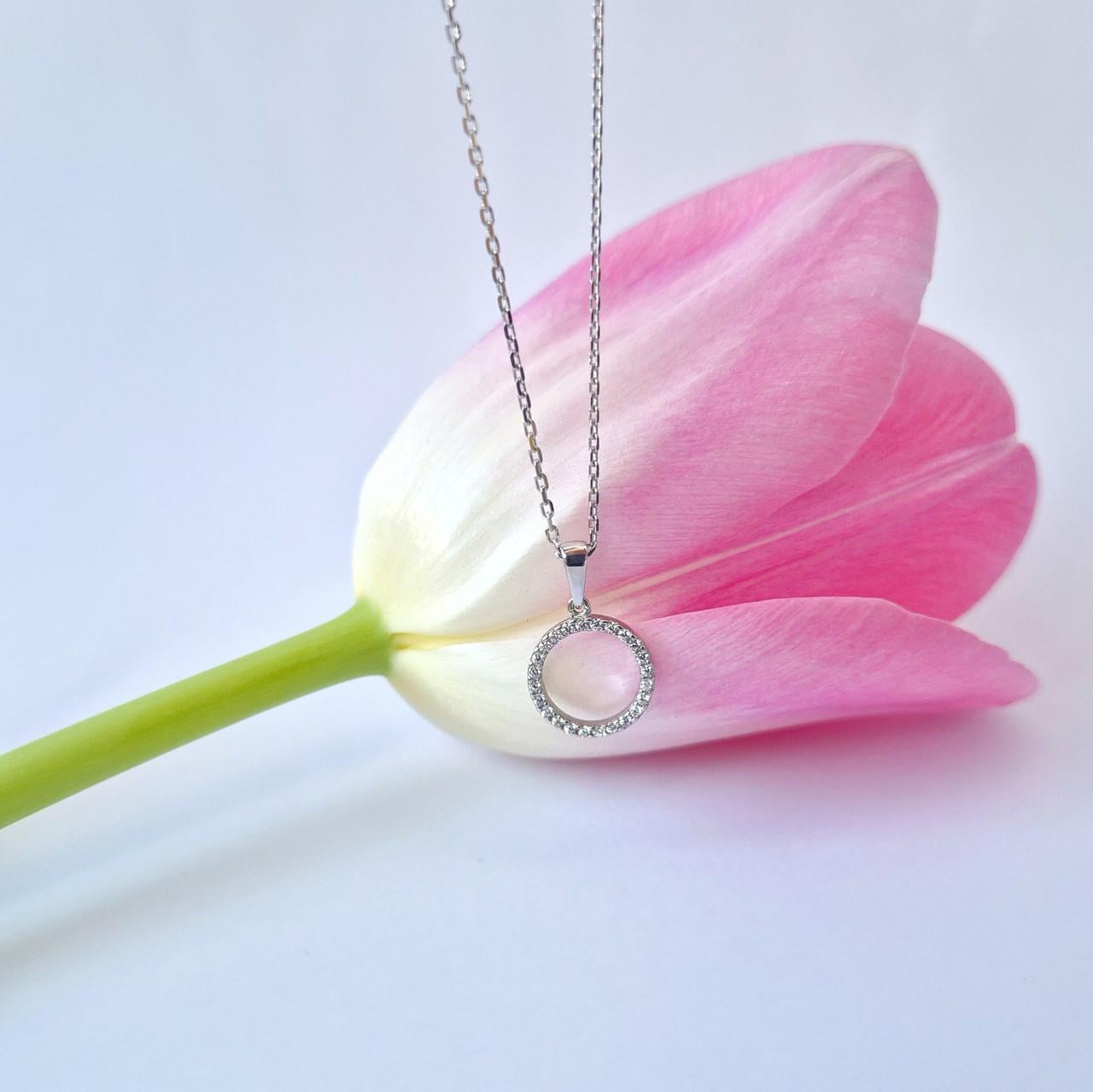 Кольє ланцюжок з підвіскою коло в білих каменях срібло 925 проби родоване 2,15 г (лк0300р)