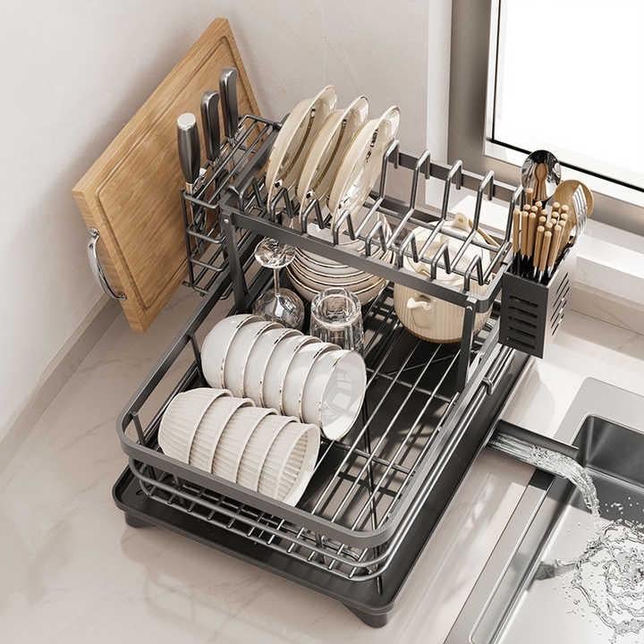 Сушарка двоярусна для посуду настільна з піддоном і зливом води Multifunctional Bowl Rack Чорний - фото 4 Сушарка двоярусна для посуду настільна з піддоном і зливом води Multifunctional Bowl Rack Чорний - фото 4