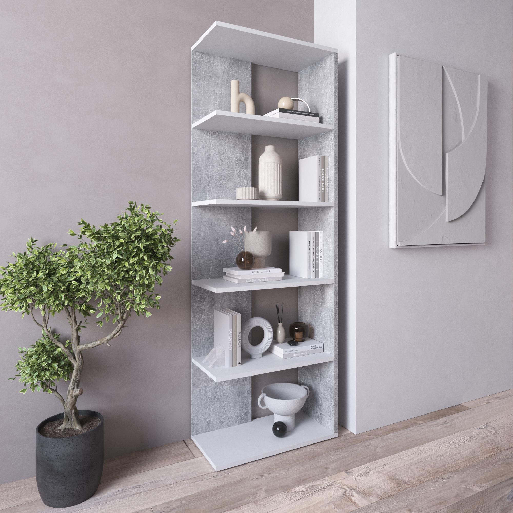 Стеллаж угловой для книг и декора на 5 полок 600х1780х300 мм Бетон/Белый (D-6)