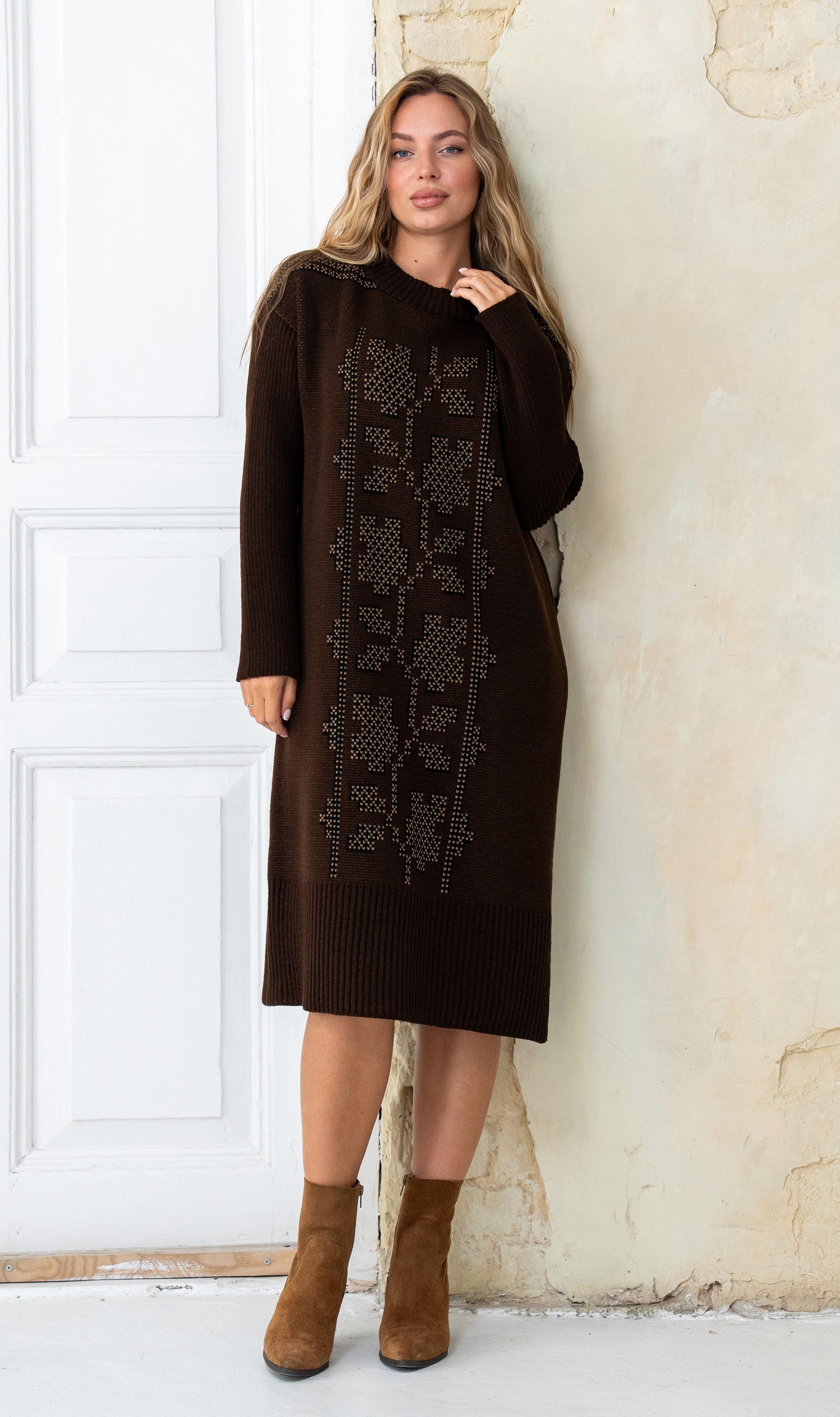 Сукня вязана з орнаментом р. 48-54 Шоколадний (ВЕ03) - фото 1 Сукня вязана з орнаментом р. 48-54 Шоколадний (ВЕ03) - фото 1
