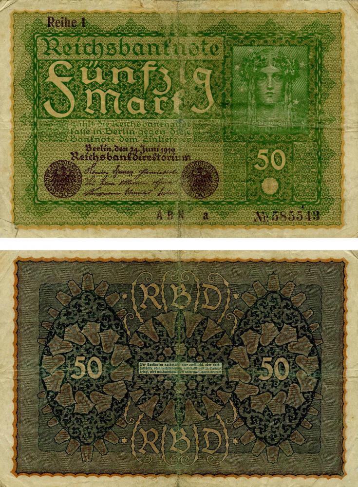 Коллекционная банкнота Германия 50 марок 1919 VG-VF P66 (Б13205)