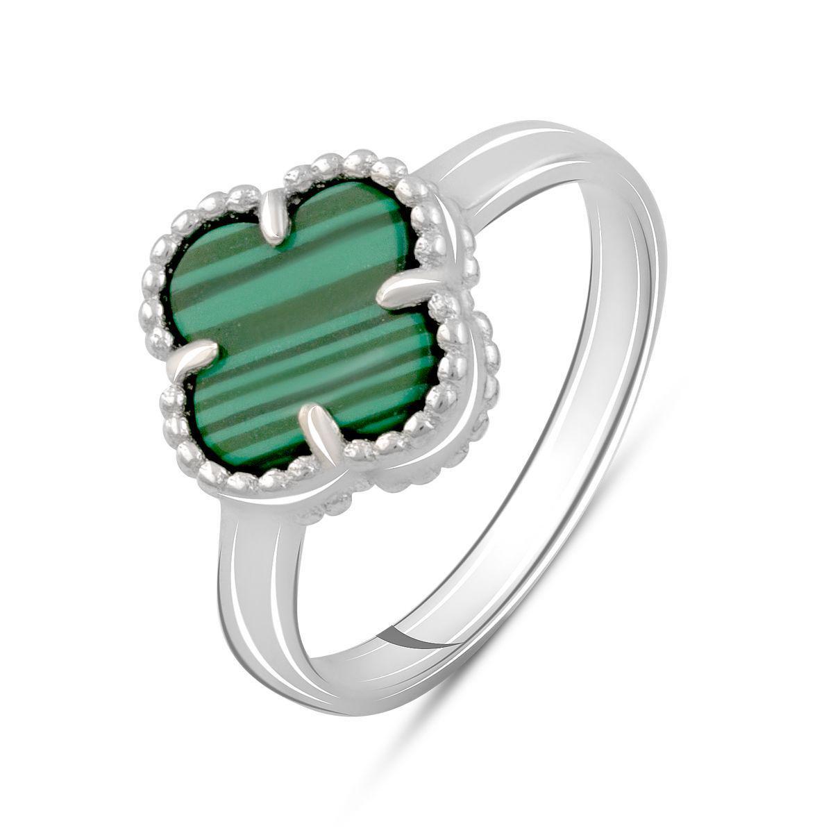 Кольцо серебряное LoveR с малахитом в форме четырехлистника р. 17 Кольцо серебряное LoveR с малахитом в форме четырехлистника р. 17