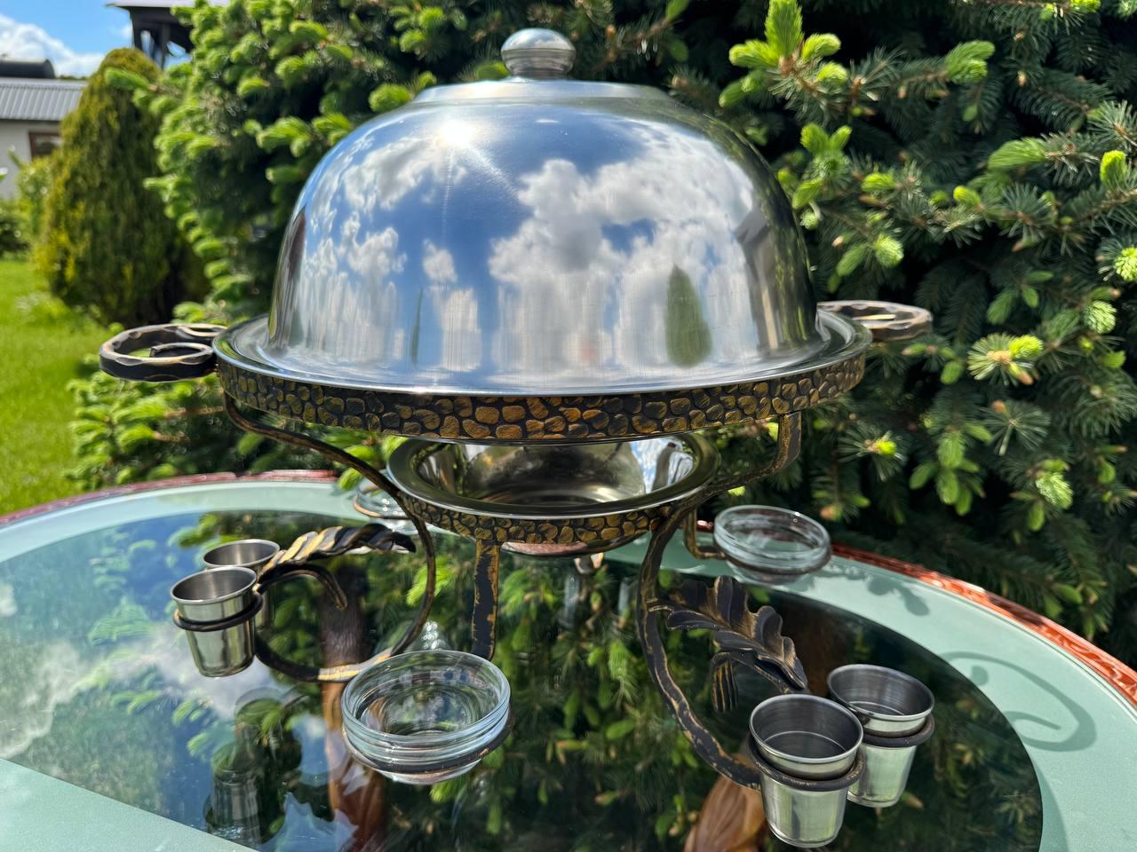 Садж для подачі шашлику камінь з підігрівом 3 соусниці 6 чарок 36 см - фото 6