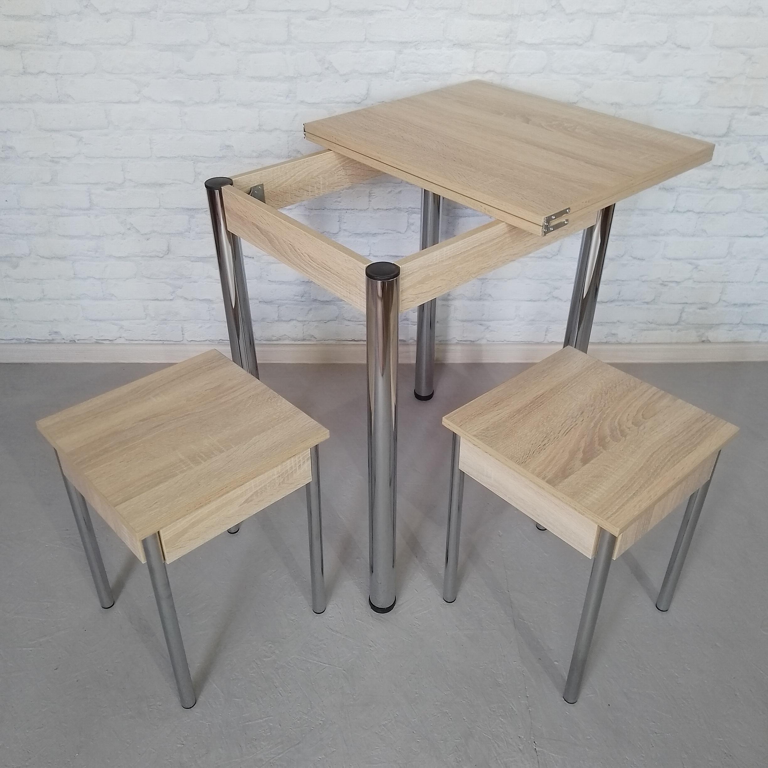 Обеденный стол и 2 табурета Смарт раскладной/ножки металлические 60х50х75 см/100х60х75 см Дуб сонома/Хром (0055) - фото 4 Обеденный стол и 2 табурета Смарт раскладной/ножки металлические 60х50х75 см/100х60х75 см Дуб сонома/Хром (0055) - фото 4