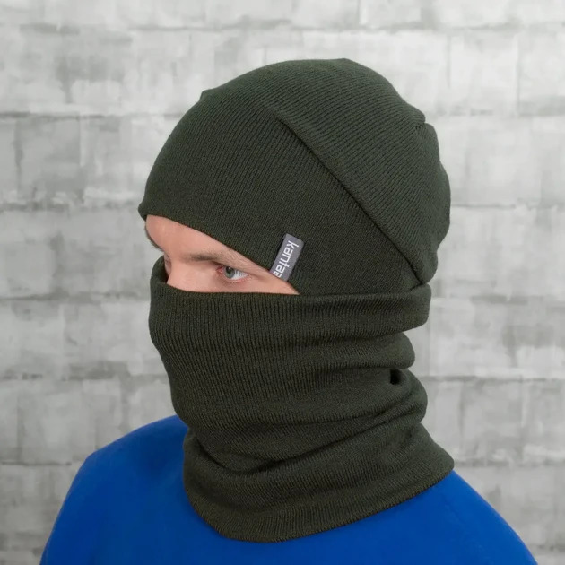 Комплект зимовий чоловічий шапка з відворотом/снуд-баф на флісі Зелений (2549772374) - фото 3