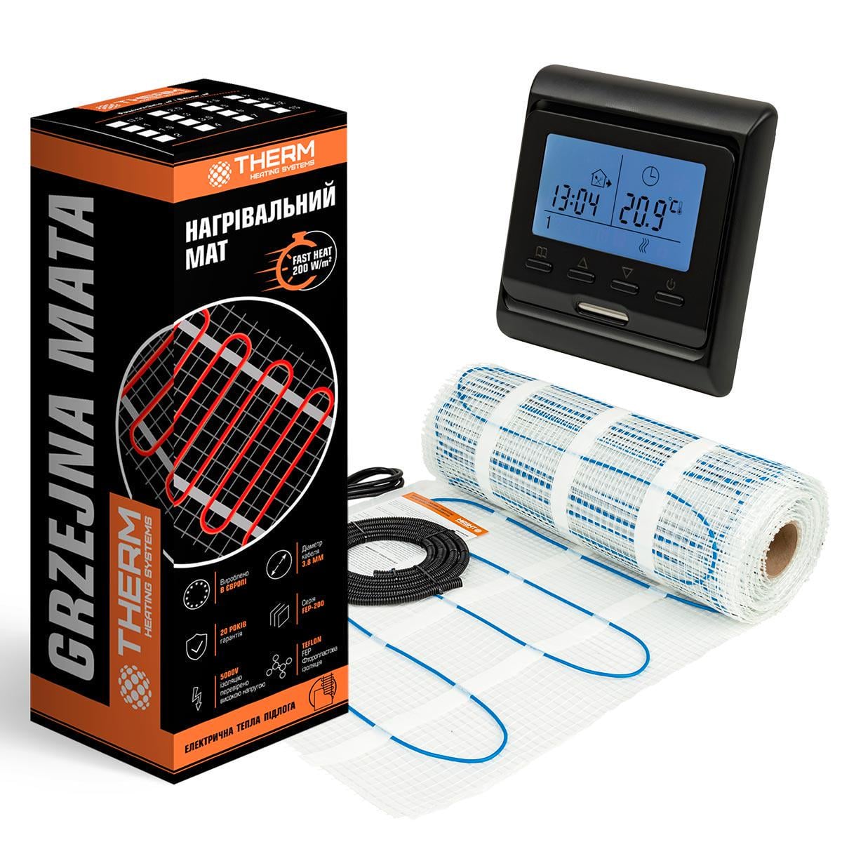 Комплект теплої підлоги Therm FEP-200 1,5 м² 300W нагрівальний мат з програмованим терморегулятором чорним (10200-0051)