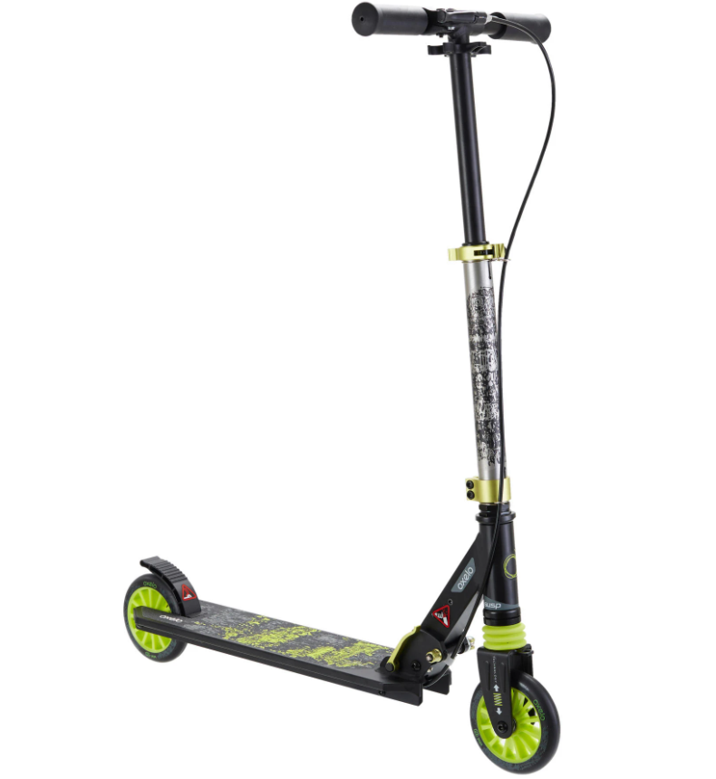 Самокат дитячий двоколісний OXELO від 6-9 років MID 5 з ручним гальмом та амортизатором Чорний/Салатовий