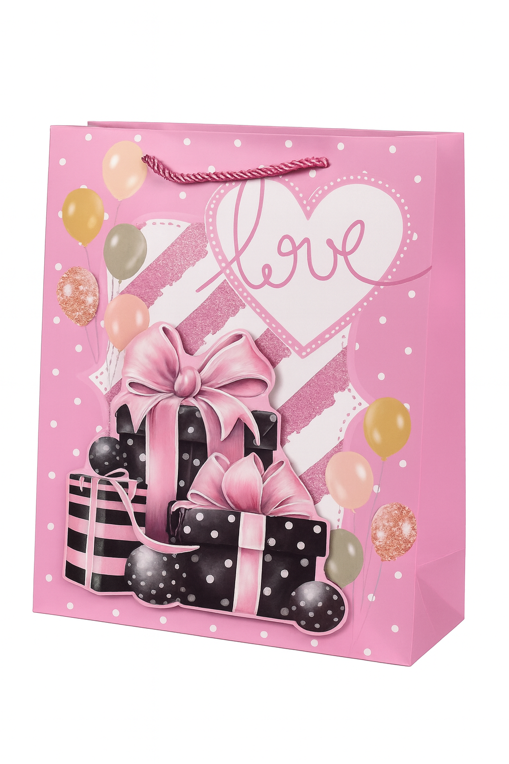 Подарунковий пакет з блискітками для дівчини Stenson Love 3D з принтом подарункові коробки 30х41,5х12 см Рожевий