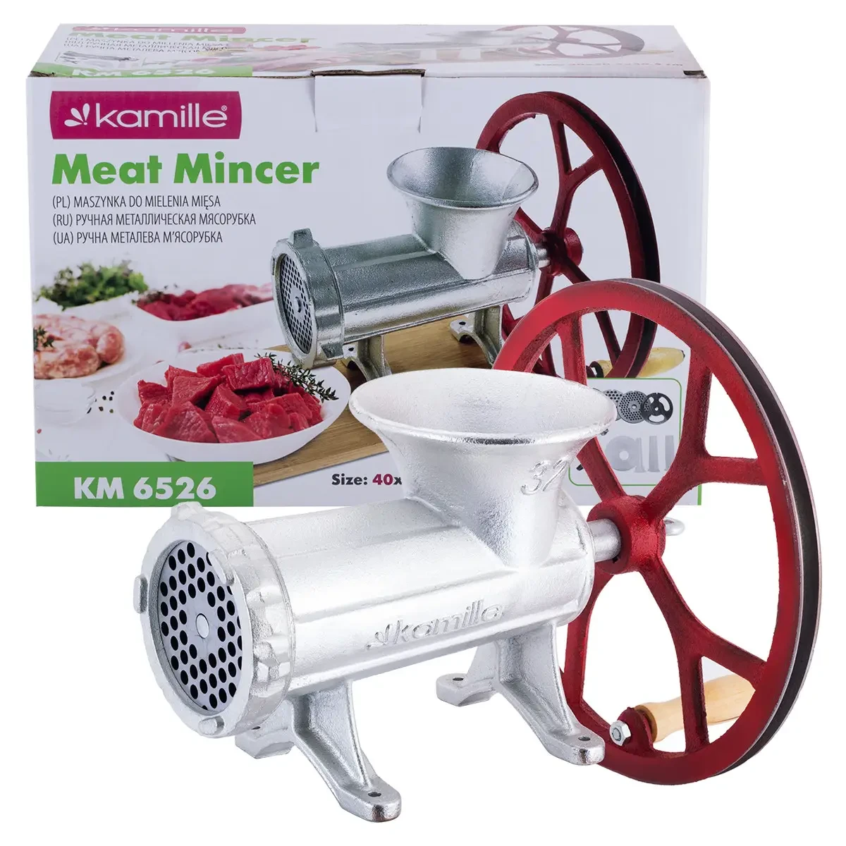 Мясорубка ручная Kamille чугунная с 3-мя насадками 31х16х20,5 см (KM-6526)