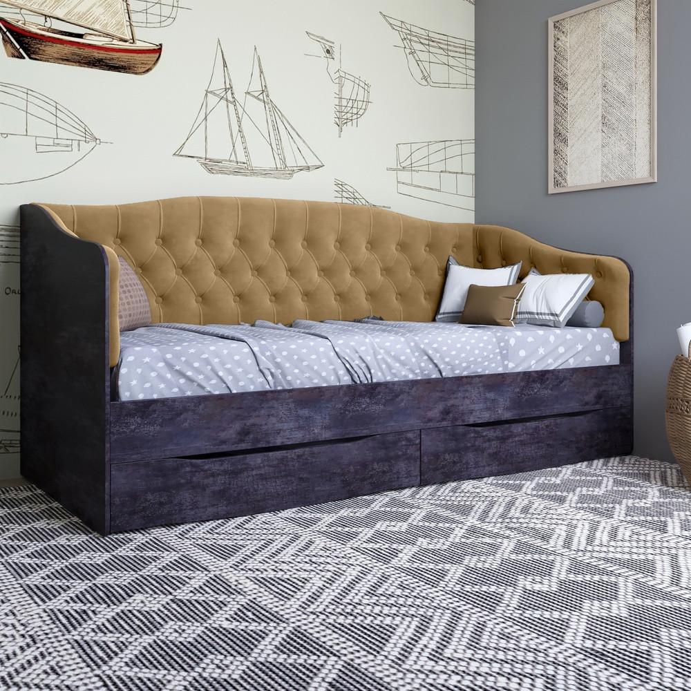 Кровать детская односпальная Lion Л-9 с мягкой спинкой и выдвижными ящиками 190x90 см. Бетон темный/Лили-02 (Lion-041471)