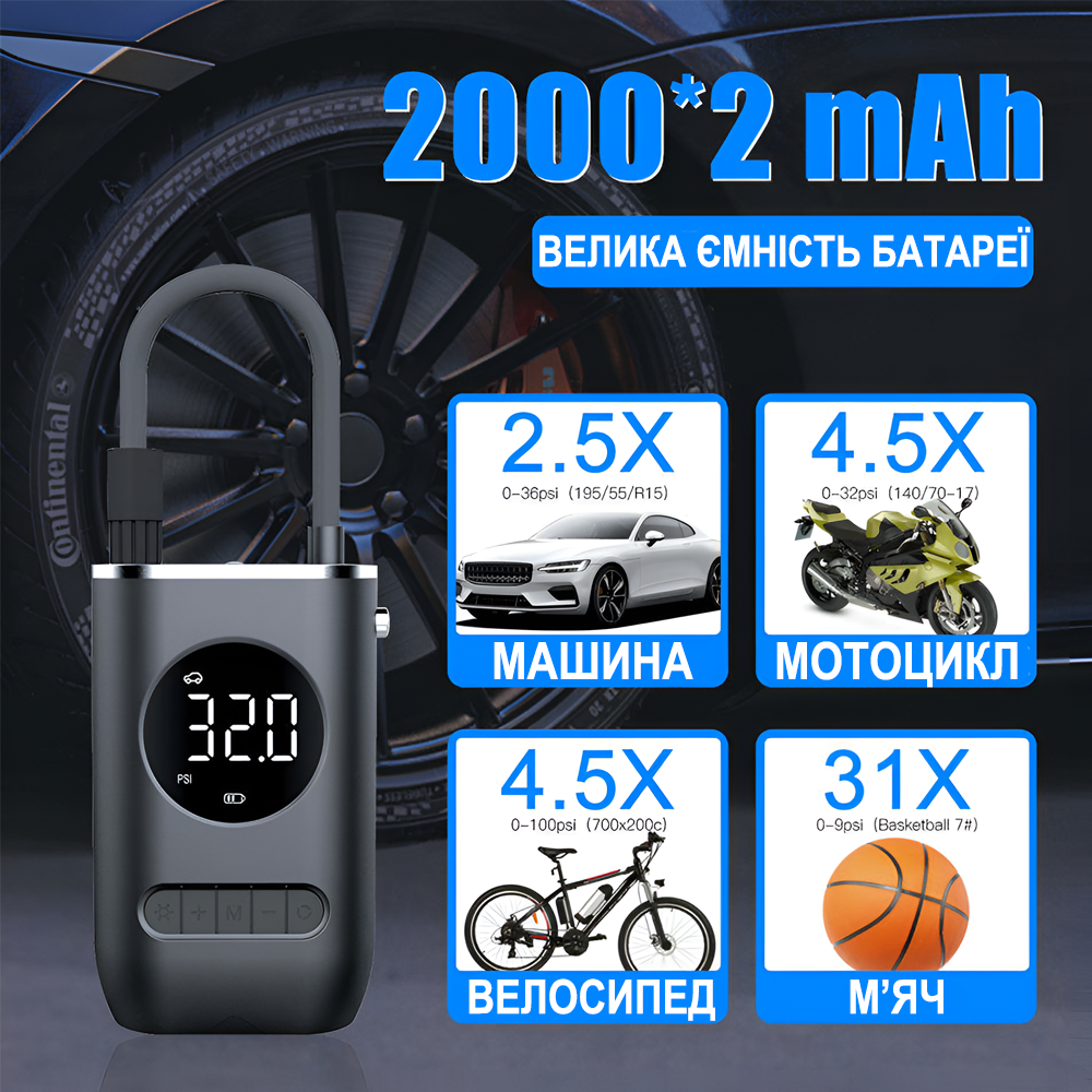 Насос-компресор портативний акумуляторний Podofo PAC-02 для авто/мотоцикла/велосипеда та спортивного обладнання Чорний - фото 4 Насос-компресор портативний акумуляторний Podofo PAC-02 для авто/мотоцикла/велосипеда та спортивного обладнання Чорний - фото 4