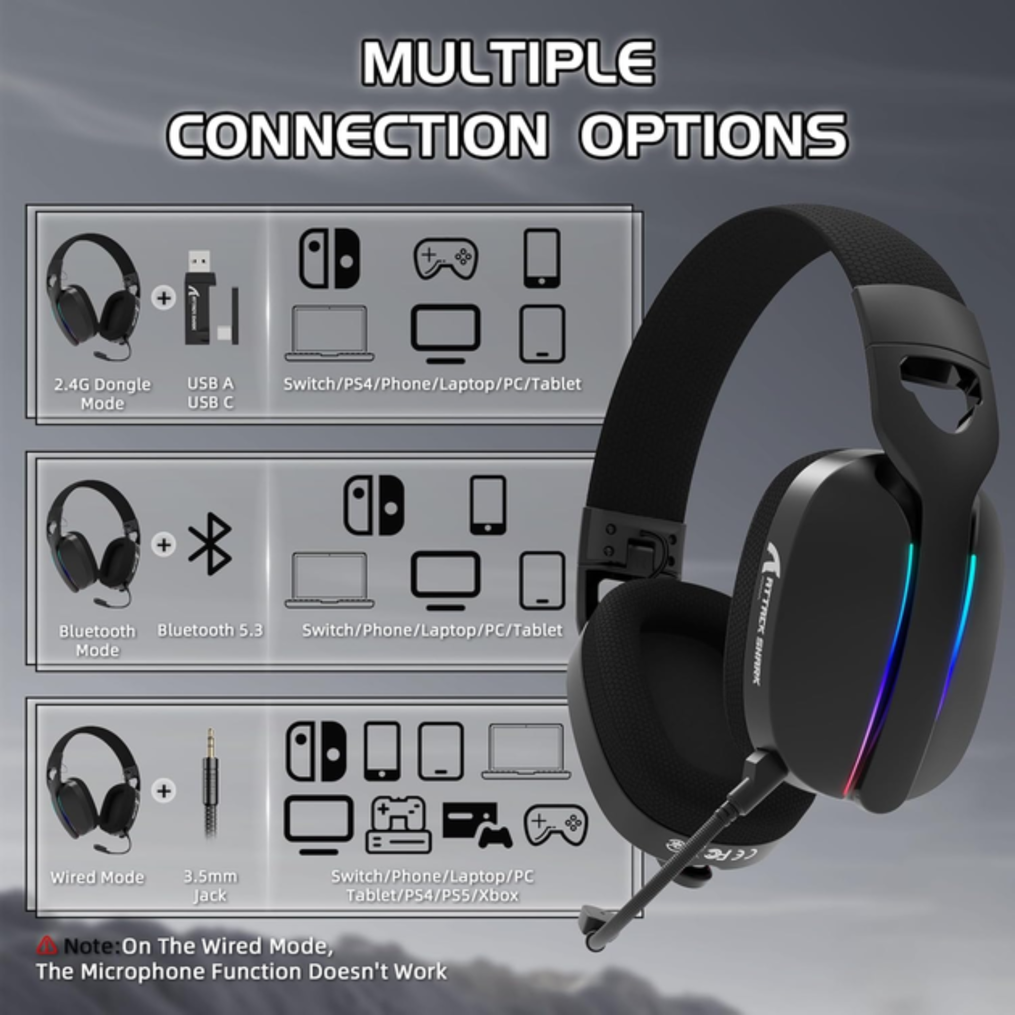 Гарнитура беспроводная Attack Shark Bluetooth/2,4G L90 RGB 7.1 PC/PS4/PS5/Switch/Xbox Black (25860554) - фото 2