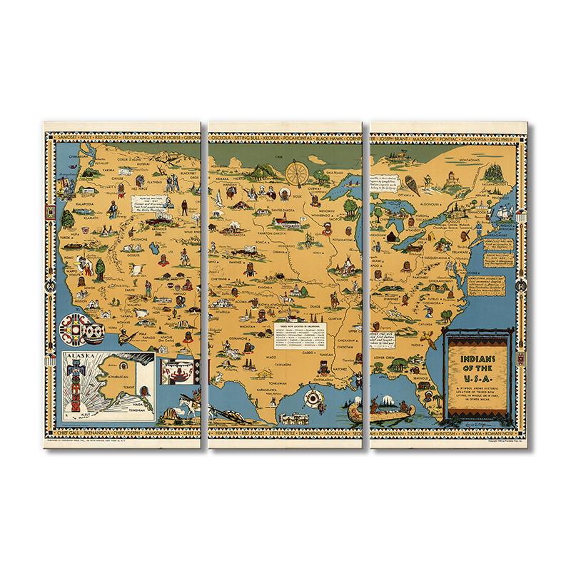 Винтажная карта Карта живых индейцев США 3 модуля 120x180 см
