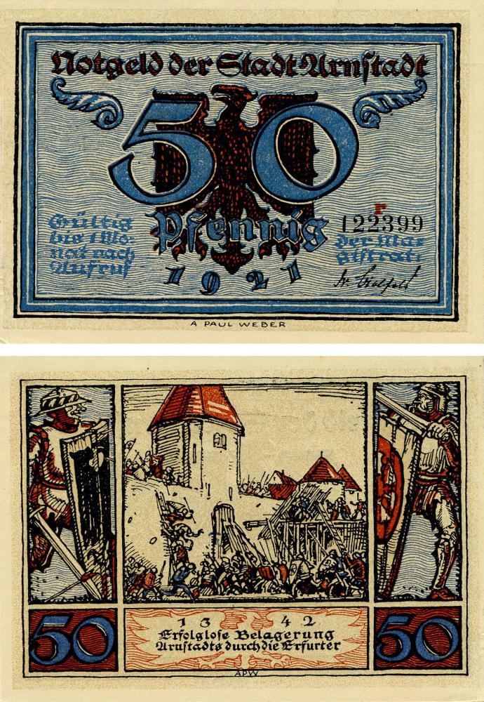 Коллекционная банкнота Германия Нотгельд 50 пфеннигов 1921 F-VF Арнштадт. Осада (Б16208)