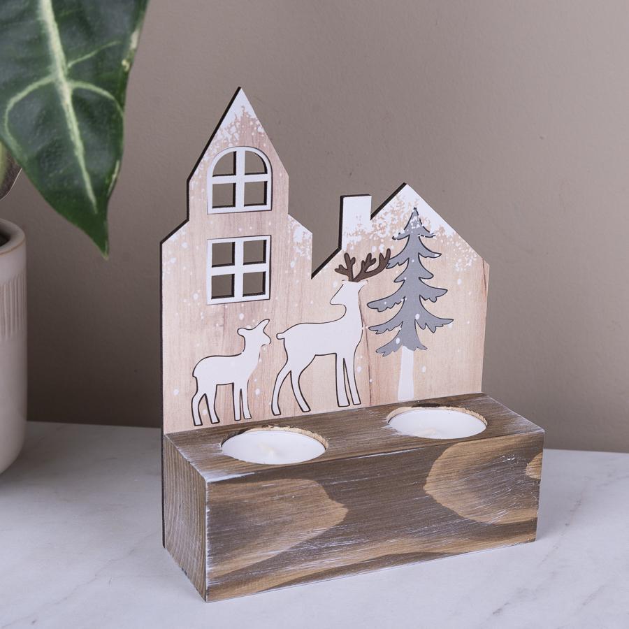 Подсвечник деревянный Домики с оленями и елкой 14 см (2467-10)