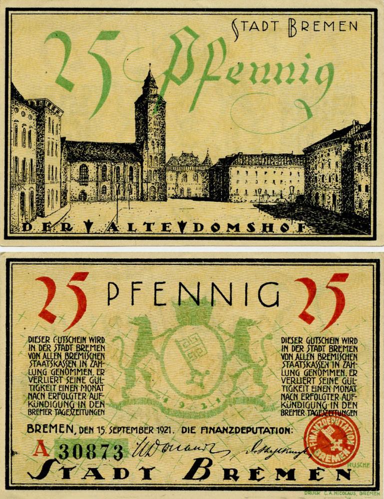 Коллекционная банкнота Германия Нотгельд 25 пфеннигов 1921 F-VF Бремен (Б16155)