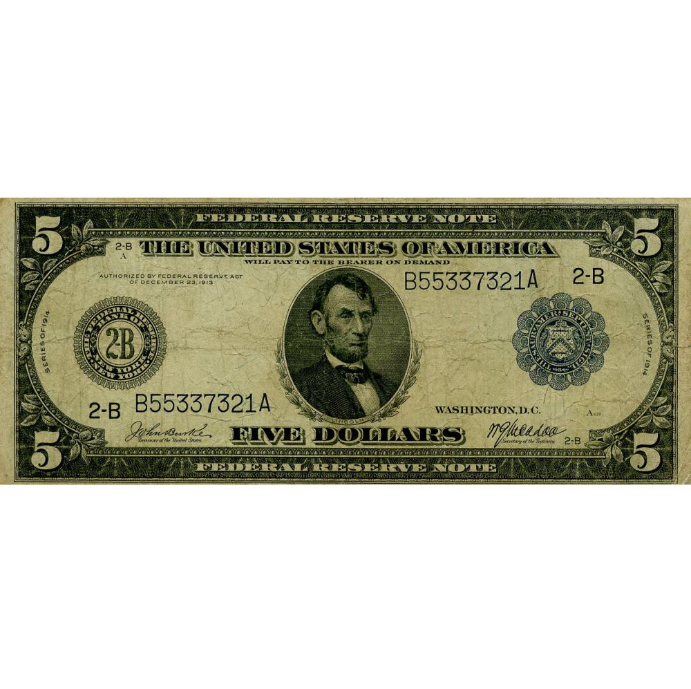 Коллекционная банкнота США 5 долларов 1914 G–VG А. Линкольн B55337321A (P359)