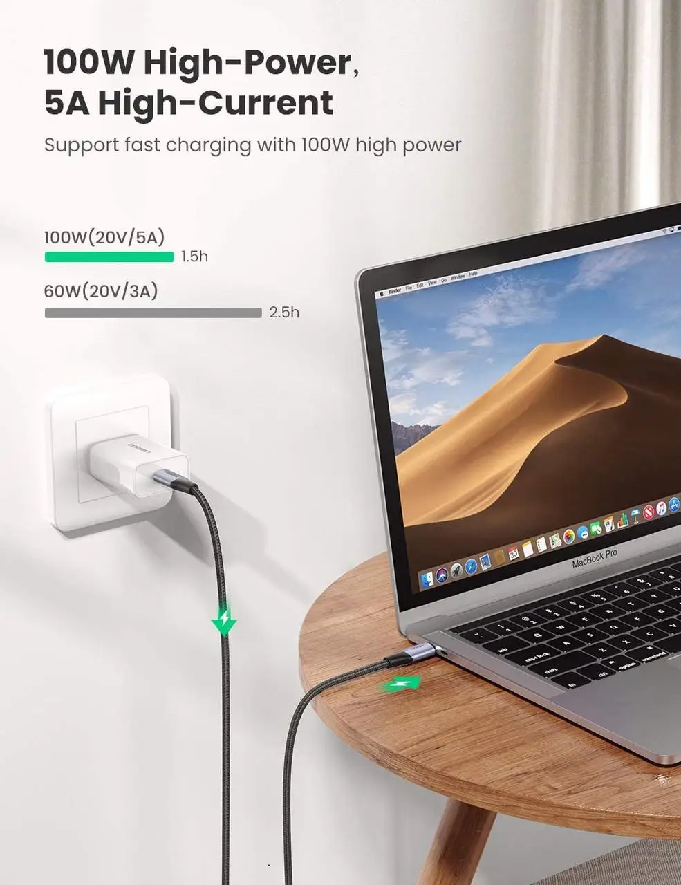 Кабель UGREEN US355 USB Type-C to Type-C USB PD 100W с нейлоновой оплеткой 1 м Black (80150) - фото 8