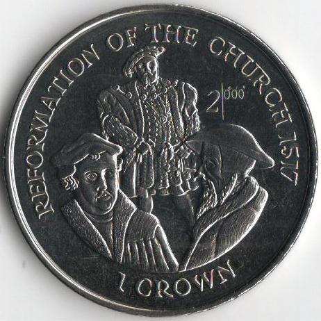 Коллекционная монета Остров Мэн 1 крона 1998 Реформация церкви 1517 года UNC (KM#892)
