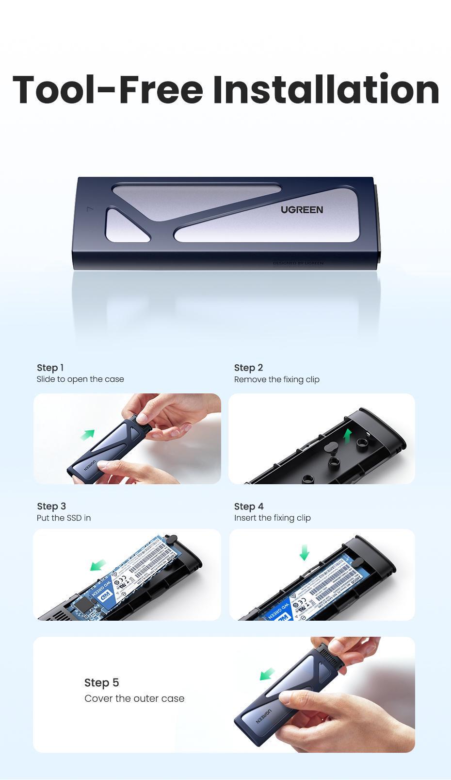Корпус UGREEN для M.2 NVME и SATA SSD дисков 10 Гбит/с с USB-C кабелем M и B&M 2280/2230/2242/2260 для PCI-e и NGFF Серый (15509) - фото 6