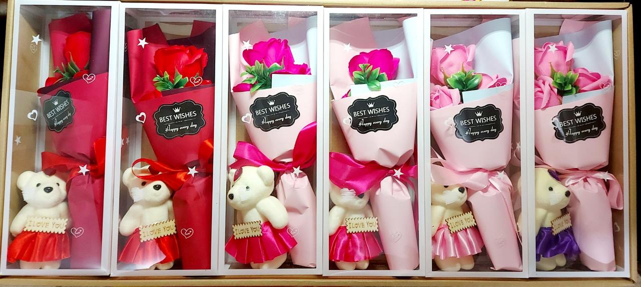 Букет роз из мыла Best wishes с мишками 6 шт.
