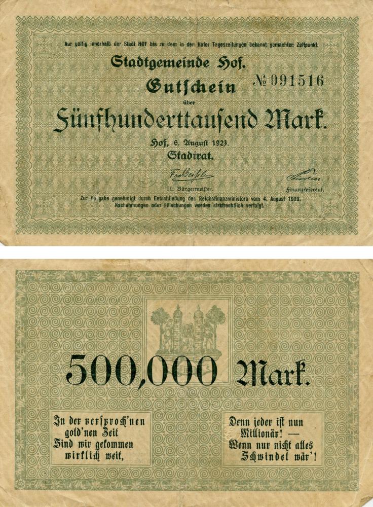 Коллекционная банкнота Германия Нотгельд 500 000 марок 1923 F-VF Хоф (Б18872)