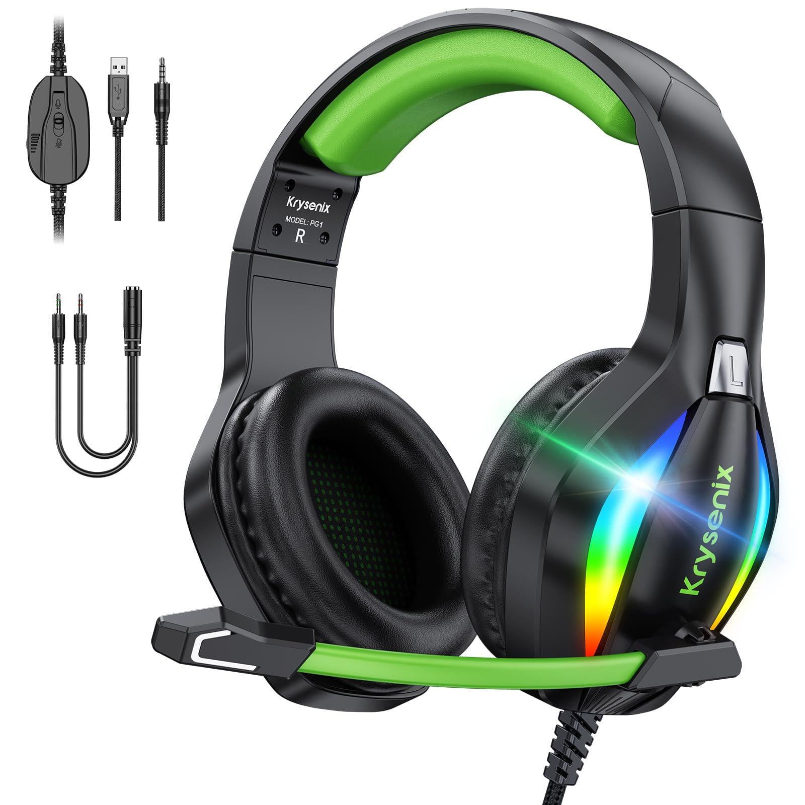 Игровая гарнитура Krysenix PG1 RGB с микрофоном для PS5/PS4/PC/Xbox/Switch полноразмерные наушники Черный/Зеленый