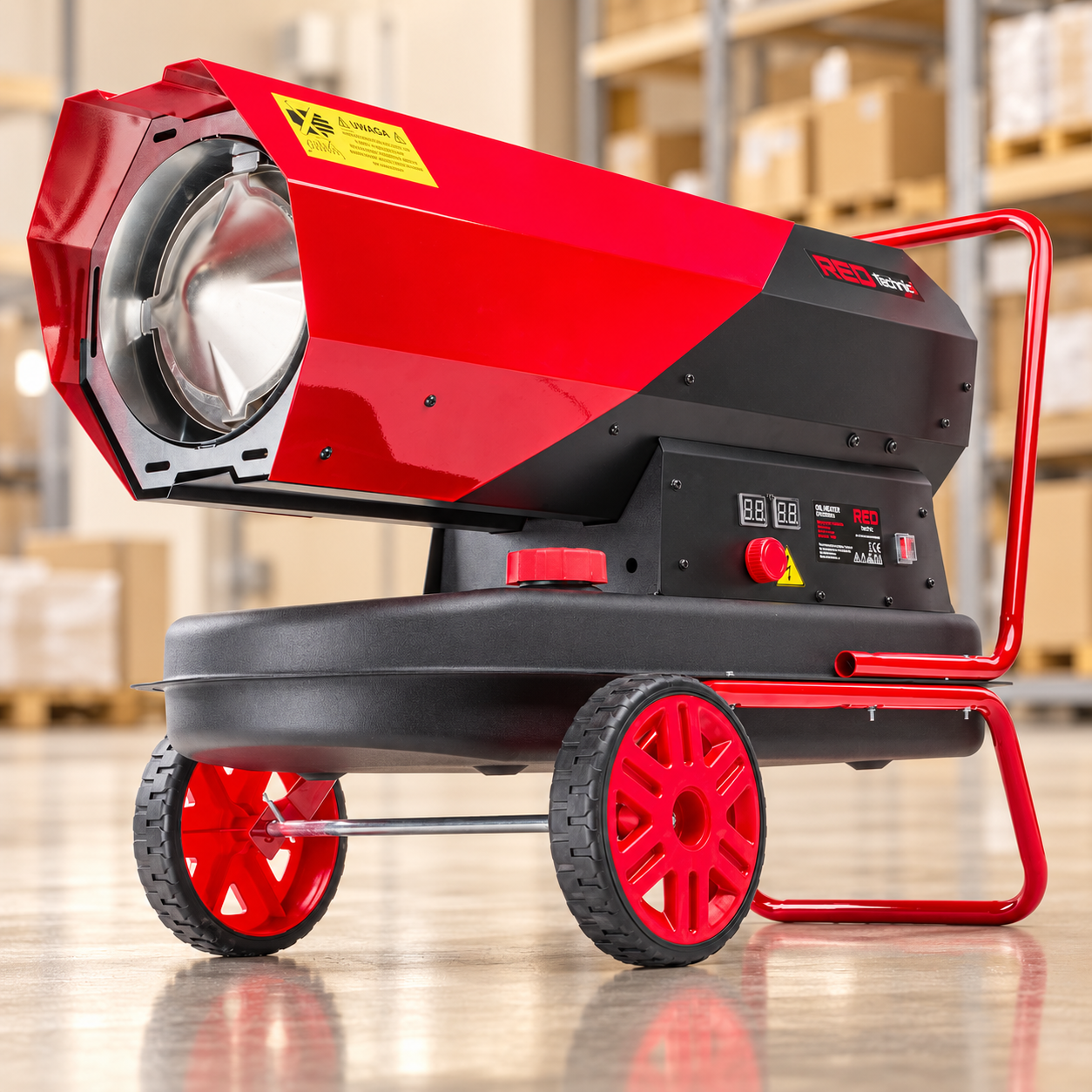 Пушка дизельная Red Technic RTNGO0126 40 кВт 19 л 2,4 л/ч термостат с ЖК-дисплеем напольная тепловая промышленная с ручкой и колесами Пушка дизельная Red Technic RTNGO0126 40 кВт 19 л 2,4 л/ч термостат с ЖК-дисплеем напольная тепловая промышленная с ручкой и колесами
