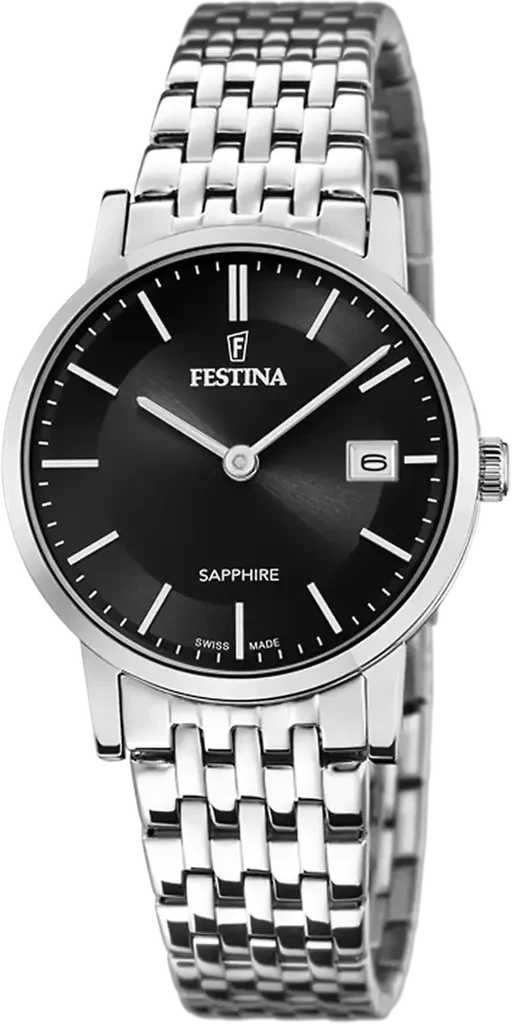 Наручные часы женские Festina F20019/3 Classics Swiss Made со стальным корпусом/сапфировым стеклом WR 50 м и черным циферблатом