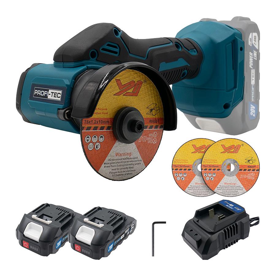 Болгарка аккумуляторная PROFI-TEC PWS7620 20 В 76 мм/глубина реза 22 мм/2 аккумулятора 2 Ач/зарядное устройство/2 диска (LO-06541)