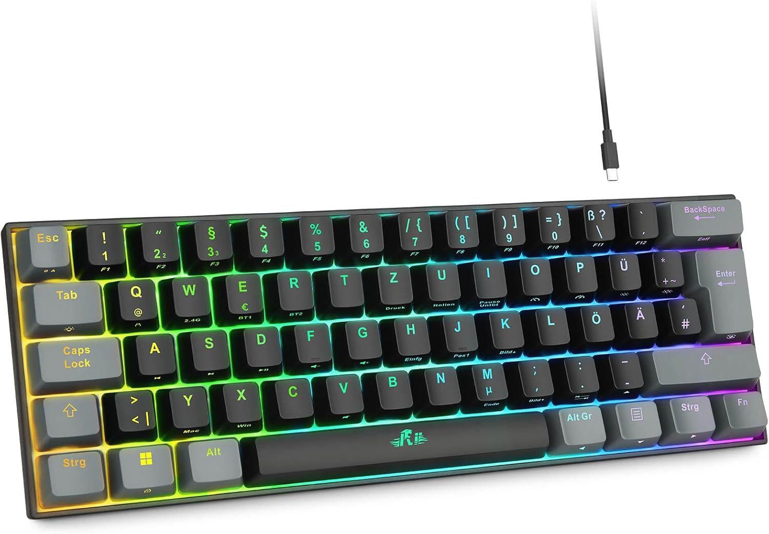 Клавиатура механическая игровая Rii 60% RGB-подсветка Bluetooth 5.0 2,4 ГГц QWERTZ Черно-серый (SKU-566)