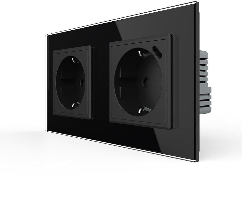 Розетка двойная LIVOLO с USB Type-C 18Вт с заземлением/шторками 250В 16А стеклянная рамка Черный (VL-C7FCTC16A/CTF16A.UC18W-4BP) Розетка двойная LIVOLO с USB Type-C 18Вт с заземлением/шторками 250В 16А стеклянная рамка Черный (VL-C7FCTC16A/CTF16A.UC18W-4BP)