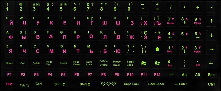 Наклейки на клавиатуру виниловые, нестираемые Oracal EN/RU/UA 1 набор Малиновый/Салатовый/Черный (2655468673)