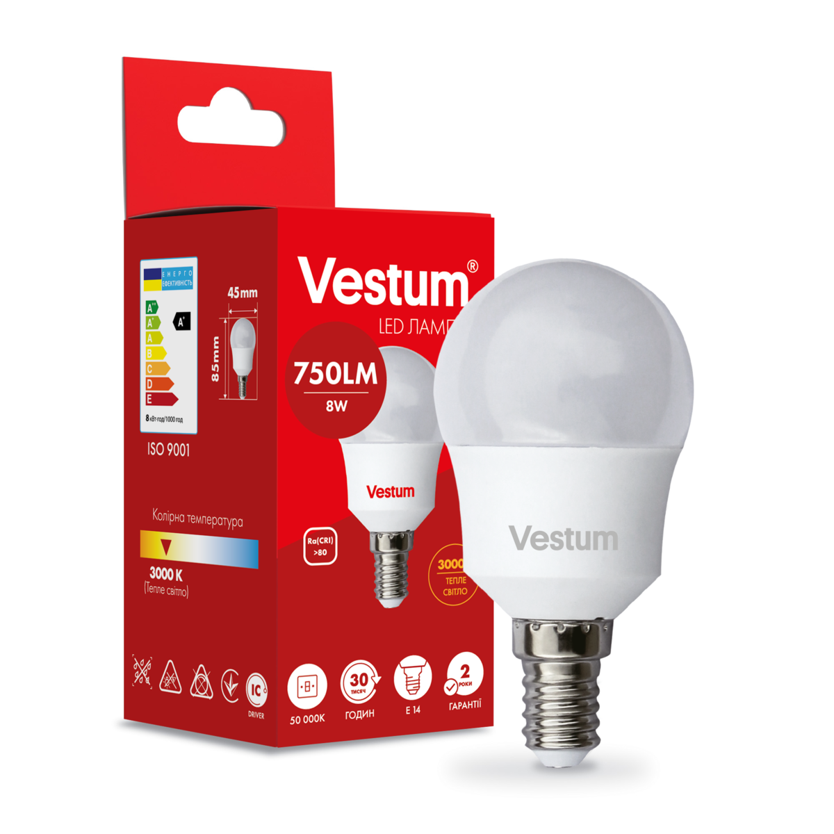 Светодиодная лампа Vestum G45 8W 3000K 220V E14 (1-VS-1212)