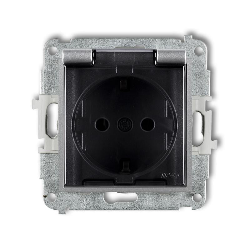 Розетка с крышкой Karlik Mini с заземлением Schuko и шторками Серебристый металлик (7MGPB-1sdp)