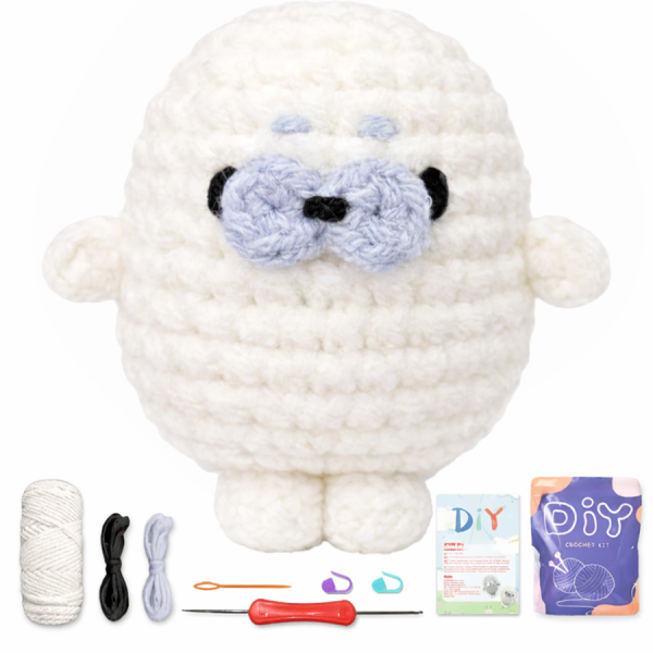 Набір для в'язання гачком для початківців Тюлень пряжа/гачки/відео-інструкції 7 см Білий (32514780)