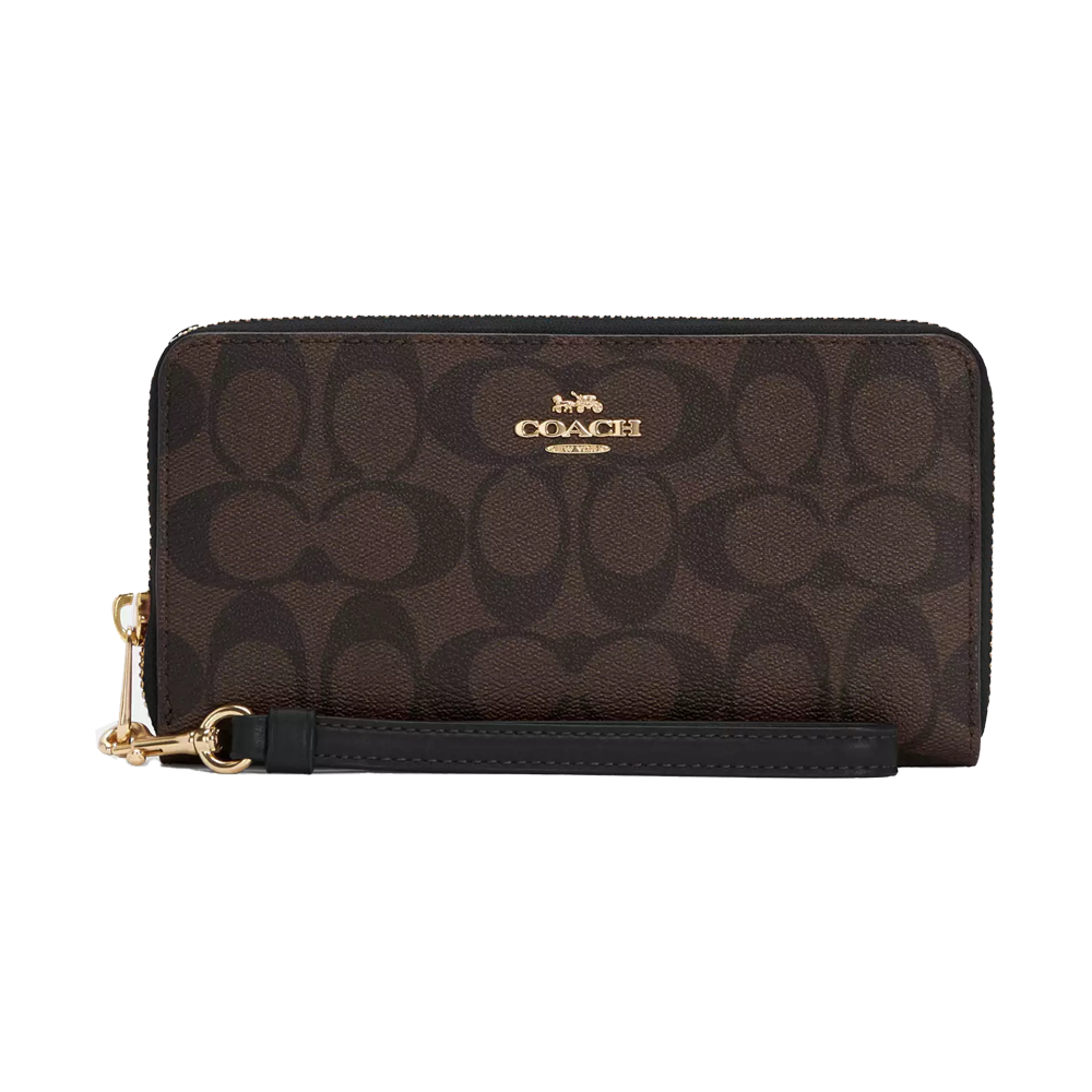 Кошелек женский Coach Long Zip Around Wallet In Signature Canvas Gold/Walnut/Black (CH66)