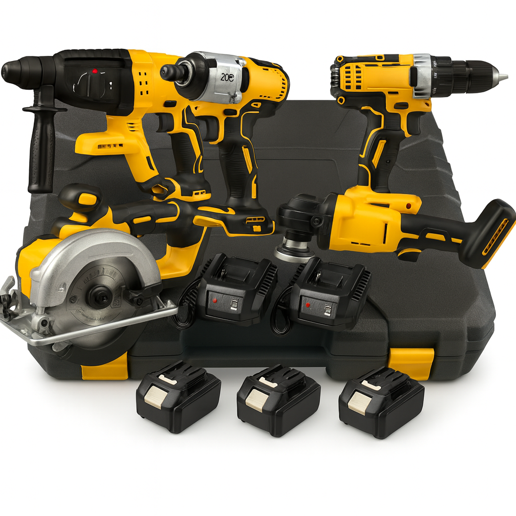 Набір електроінструментів 5в1 перфоратор/гайковерт/шуруповерт/болгарка та циркулярна пилка 4 акумулятори Жовтий (opt-106708)