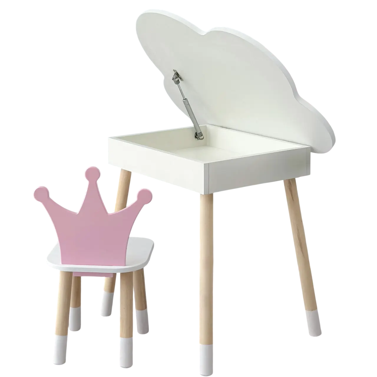 Набор мебели детский столик облачко с нишей для хранения и стульчиком корона деревянная 54х68х50 см Бело-розовый (150-7-41111)