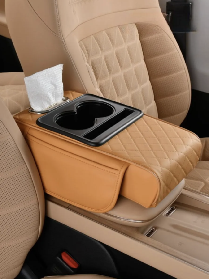 Автомобильный подлокотник с подстаканниками и салфетницей из экокожи 35х20х8 см Коричневый (Е500336К)
