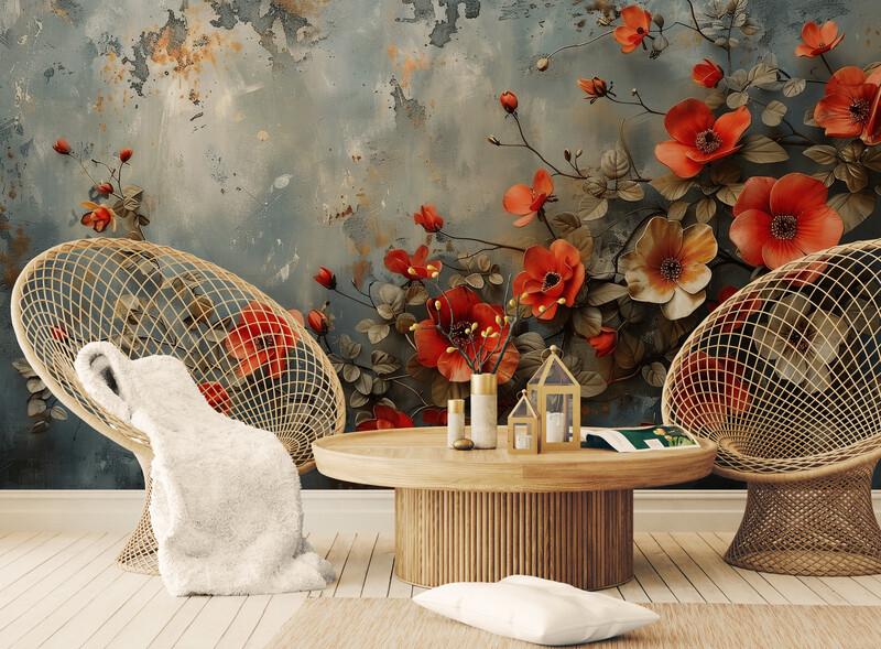 Фотообои 3D в гостиную виниловые самоклеящиеся Красные цветы (S2108)