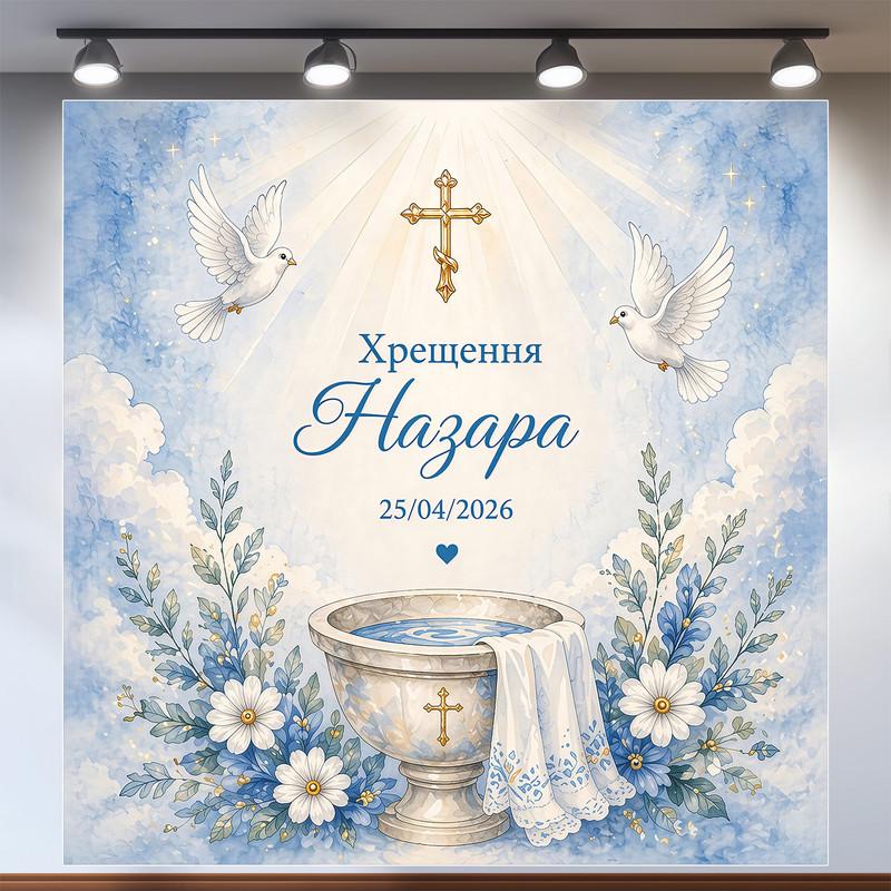 Баннер для крещения мальчика с купелью, золотым крестом и голубями 120х120см, №48017 Баннер для крещения мальчика с купелью, золотым крестом и голубями 120х120см, №48017