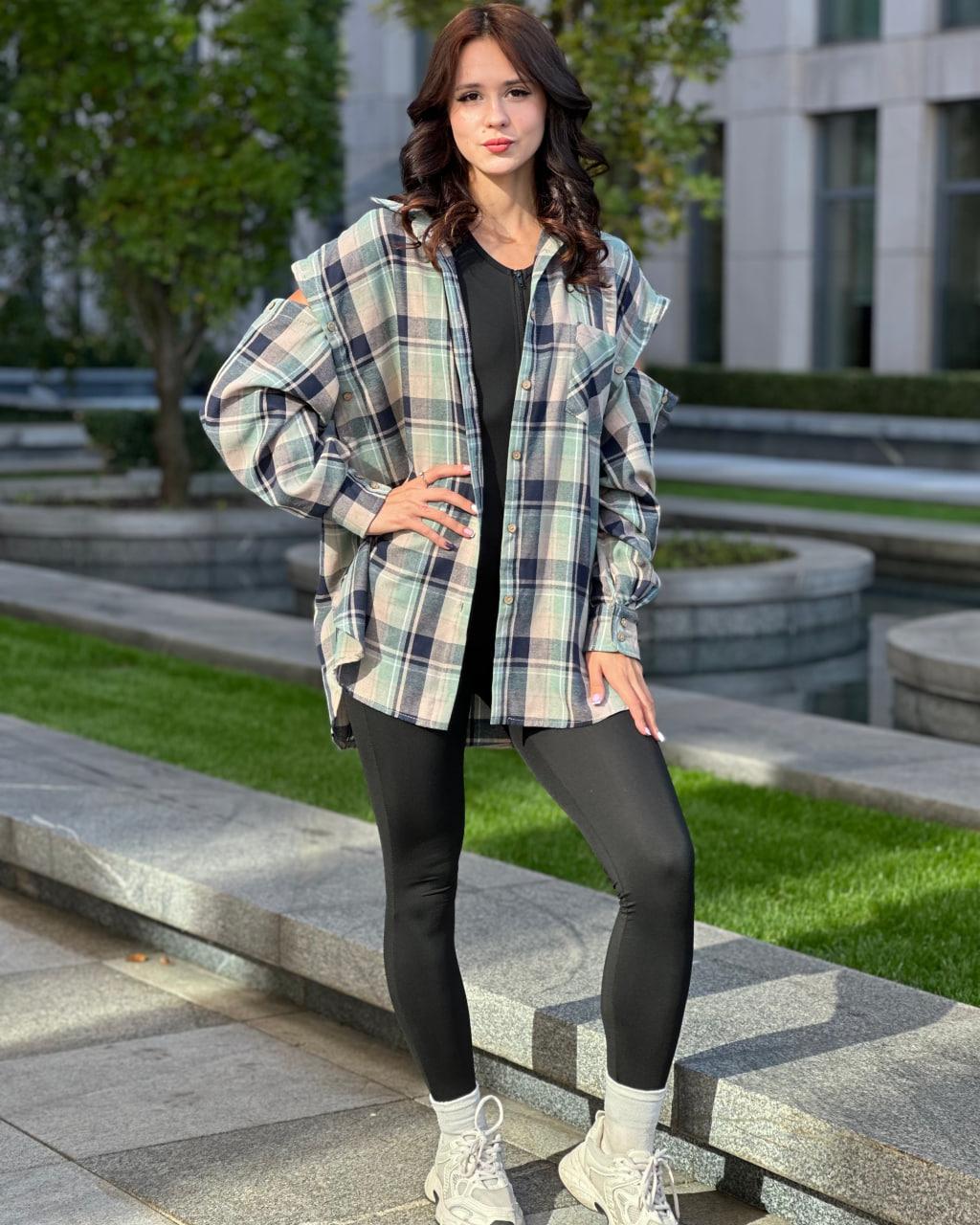 Сорочка жіноча в клітинку зі зйомними рукавами 2XL/3XL Синій/Зелений (2712829515)