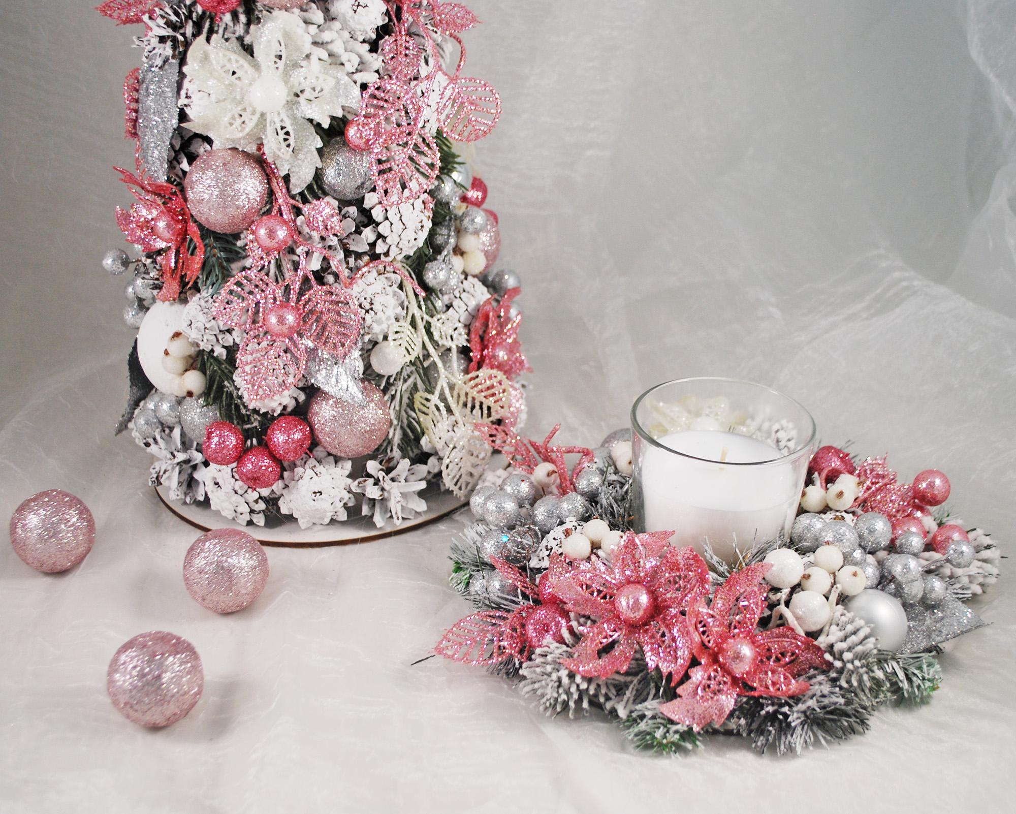 Набор новогодняя елка и подсвечник Розовый/Белый/Серебряный (4938246) - фото 2