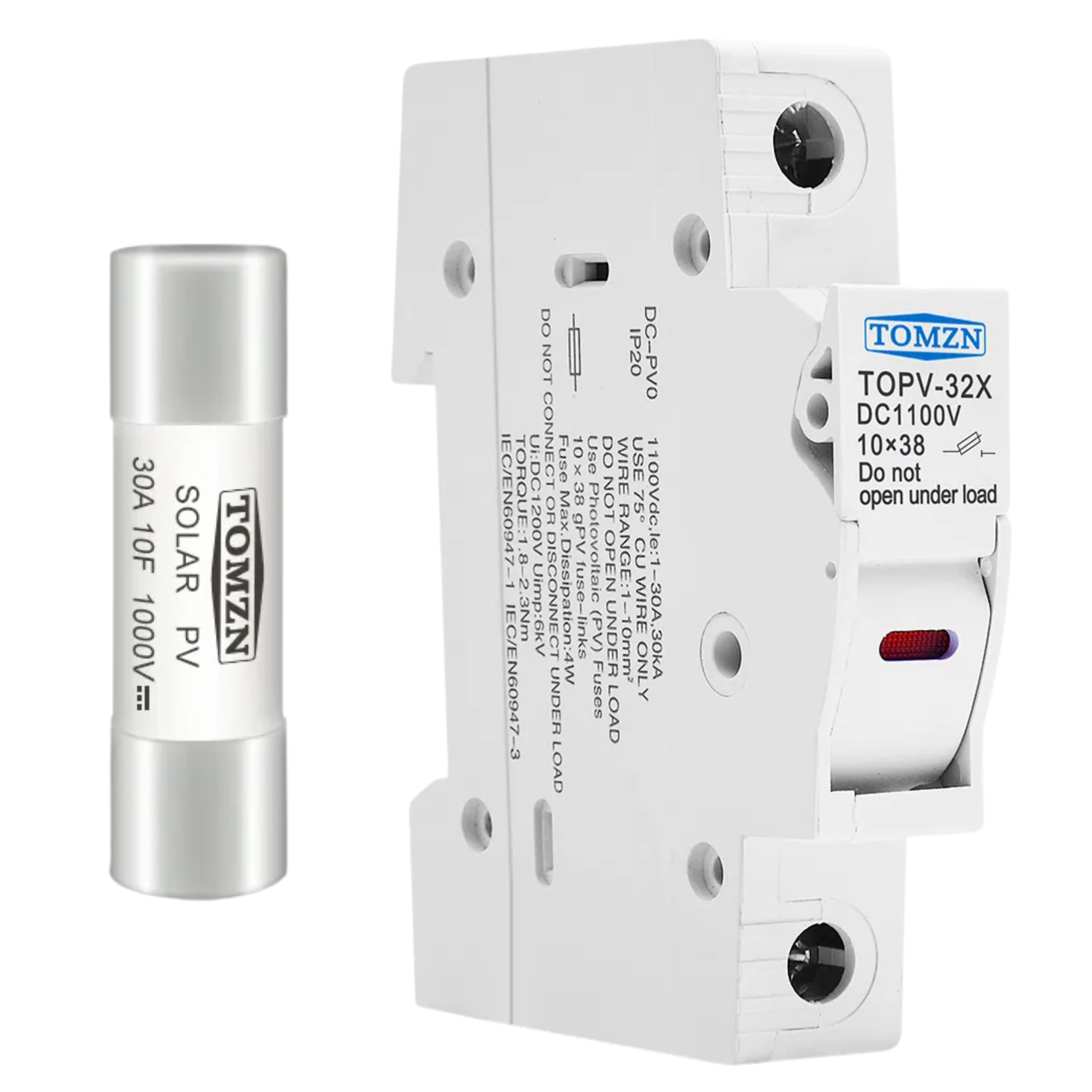 Держатель предохранителя однополюсного плавкого с 1 предохранителем 30А TOMZN gPV SOLAR PV 10x38 мм DC 1000V/TOPV-32X 2P DC DIN с LED (2548653908)