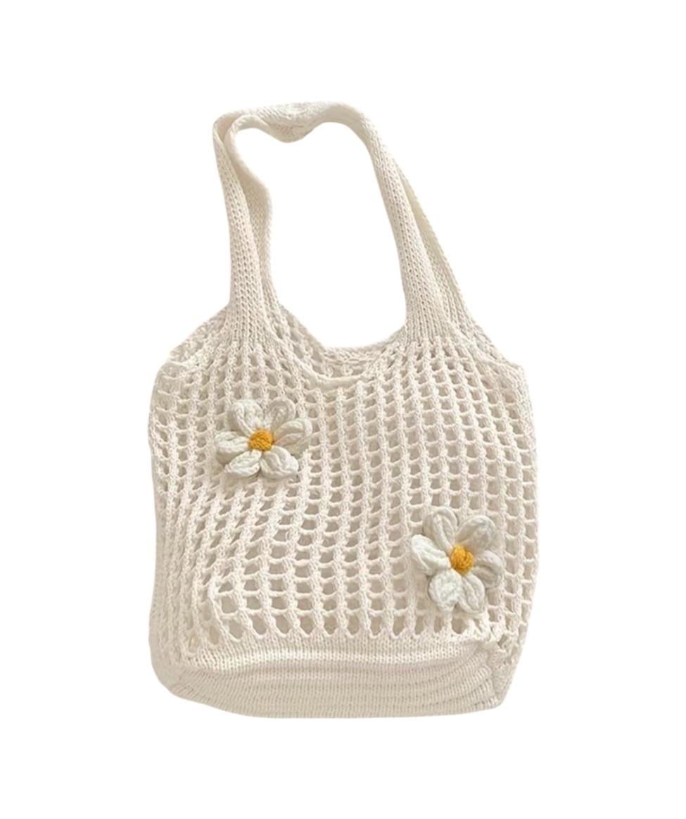 Сумка-шопер женская Авоська ручной работы плетеная с вязаными цветами Бежевый (0316) Сумка-шопер женская Авоська ручной работы плетеная с вязаными цветами Бежевый (0316)