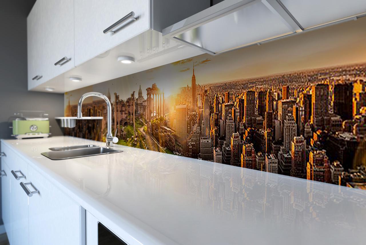 Кухонный фартук Zatarga "Рассвет над городом" из самоклеющейся виниловой пленки 60х300 см Коричневый