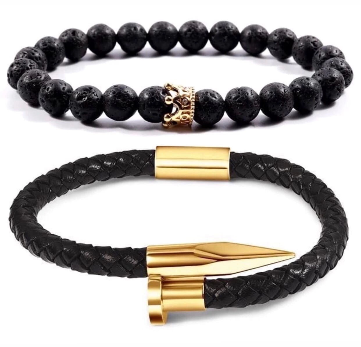 Комплект браслетів зі шкіри та лавового каменю у формі цвяха з короною р. 17 (12103)