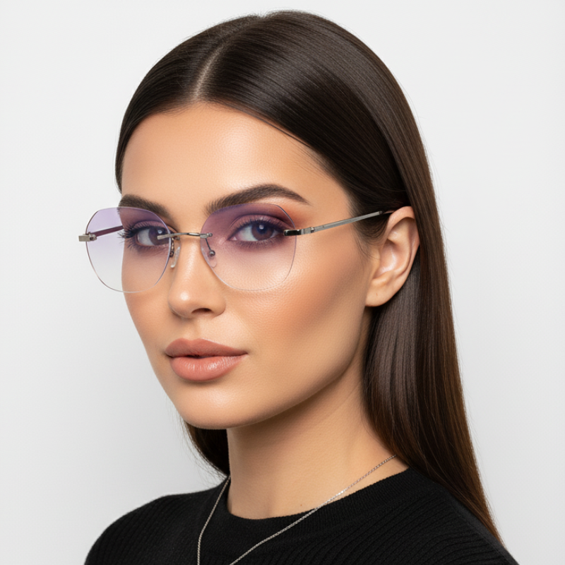 Окуляри жіночі безрамкові для зору шестикутник з бузковим акцентом С1 +3.0 (7899)