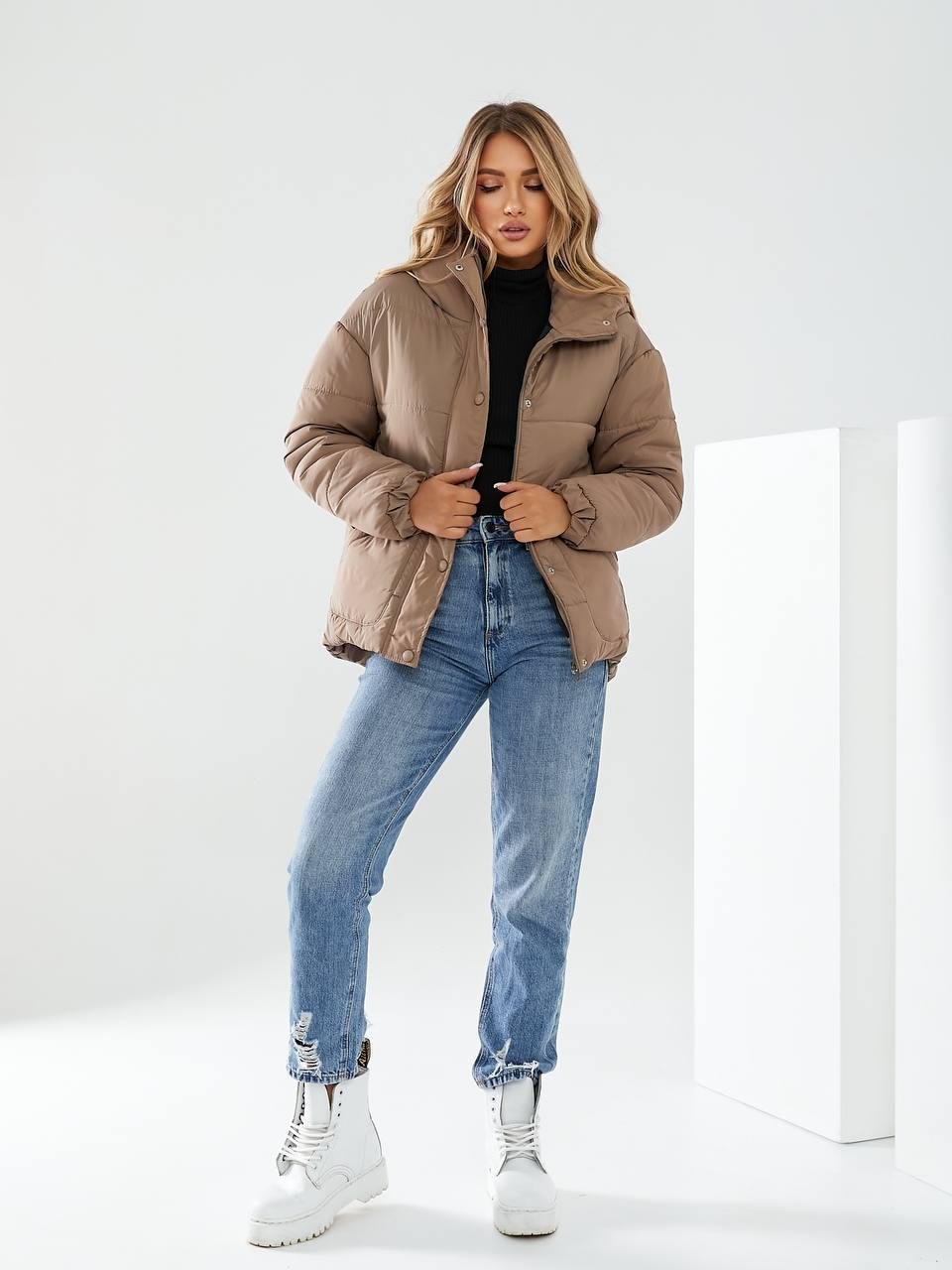 Куртка утепленная Khan короткая с поясом р. 42 Кофейный с молоком (Kh332)